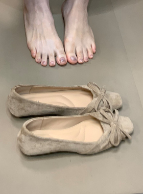 羊皮版~法式复古平底女鞋2025新款蝴蝶结方头浅口单鞋低跟工作鞋