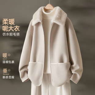 IHIMI海谧气质暖绒宽松毛呢大衣女时尚冬季仿水貂毛小廓形短外套