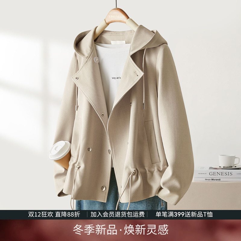 IHIMI海谧秋季连帽短款风衣女士2025春秋新款宽松今年流行外套女