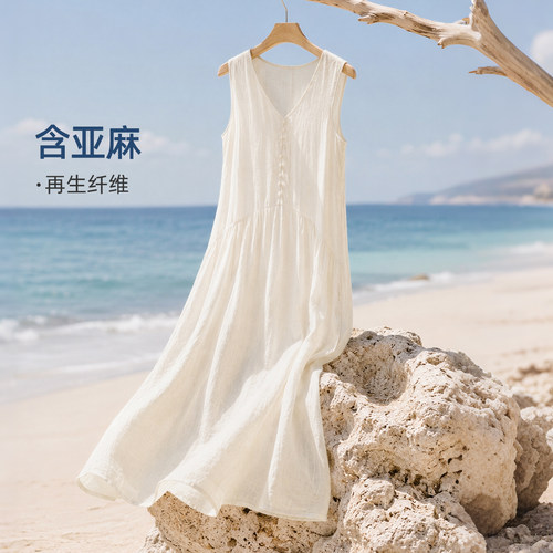 IHIMI海谧轻薄慵懒亚麻V领连衣裙