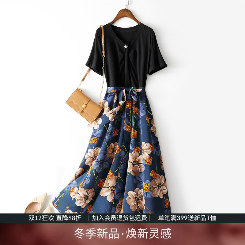 撞色拼接连衣裙中长款碎花