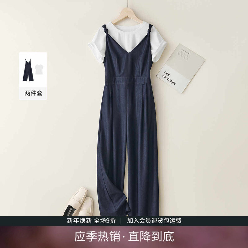 仿牛仔背带裤棉T恤两件套