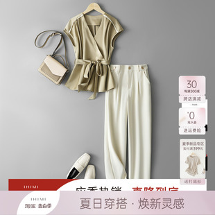 新款 IHIMI短袖 子两件套2024夏季 女气质优雅名媛风套装 系带上衣裤
