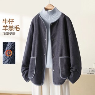 IHIMI海谧加厚毛毛内里牛仔外套高级撞色保暖夹克女冬季宽松舒适