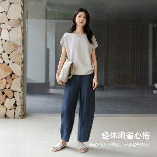 IHIMI海谧休闲时尚宽松短袖T恤两件套女夏季松弛感九分弯刀裤套装