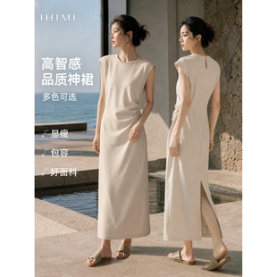 IHIMI海谧高级感法式白色连衣裙女夏季收腰显瘦大方得体绝美裙