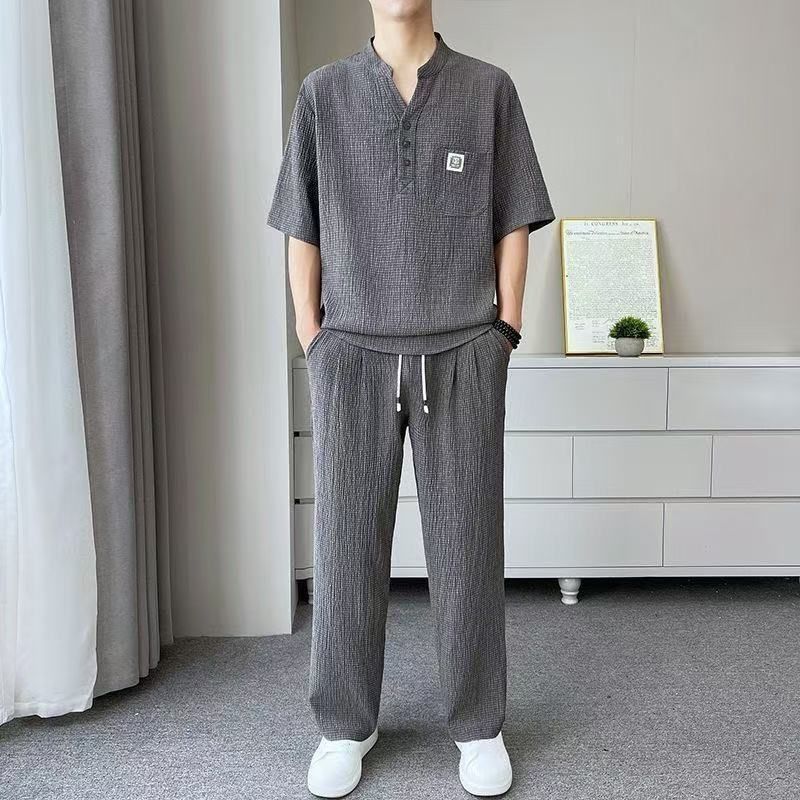 2026夏季短袖长裤冰丝套装男士高级感轻奢舒适休闲V领男装两件套图片