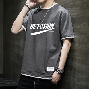 夏季纯棉短袖t恤男宽松潮牌假两件ins半袖大码胖子加肥加大体恤潮