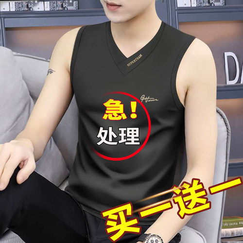 男士背心纯棉青年坎肩短袖打底汗衫无袖宽肩修身V领运动紧身上衣
