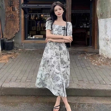 改良新中式花色连衣裙女长裙高级感2025夏季新款韩版高腰显瘦气质