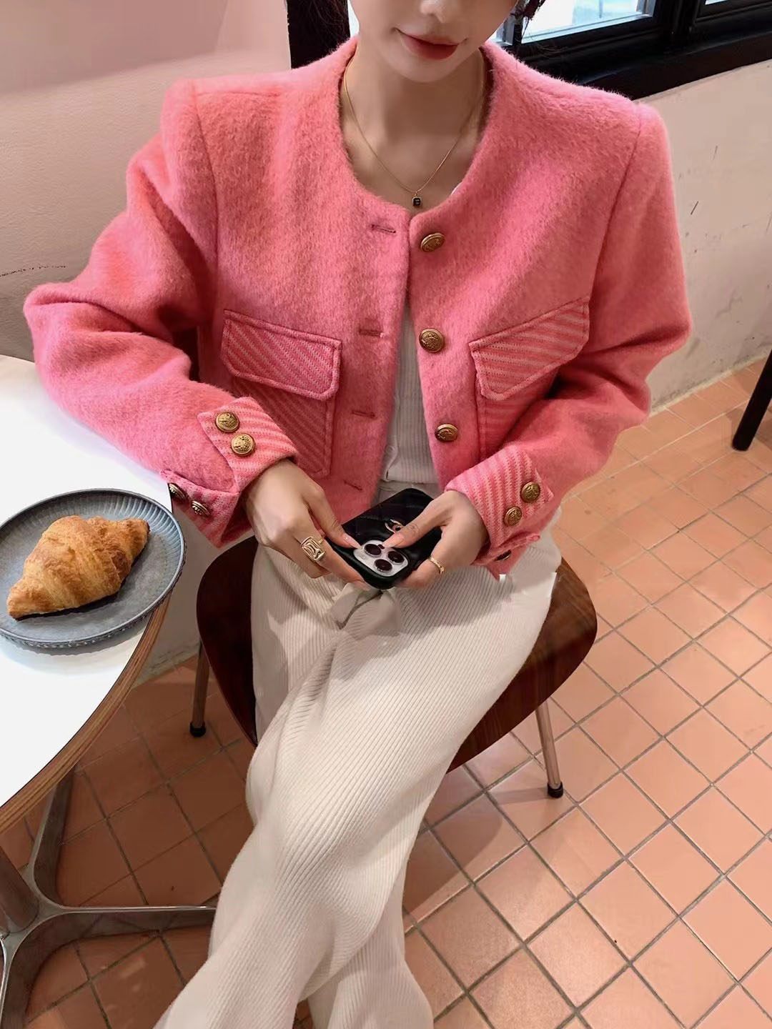 欧洲站小香风毛呢外套女短款圆领长袖2023秋冬新款韩版时尚上衣潮
