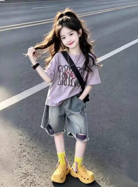 女童夏季牛仔短裤套装2026新款中大童夏天短袖儿童涂鸦潮酷两件套