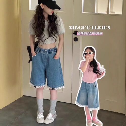 女童夏季蕾丝边蝴蝶结牛仔中裤