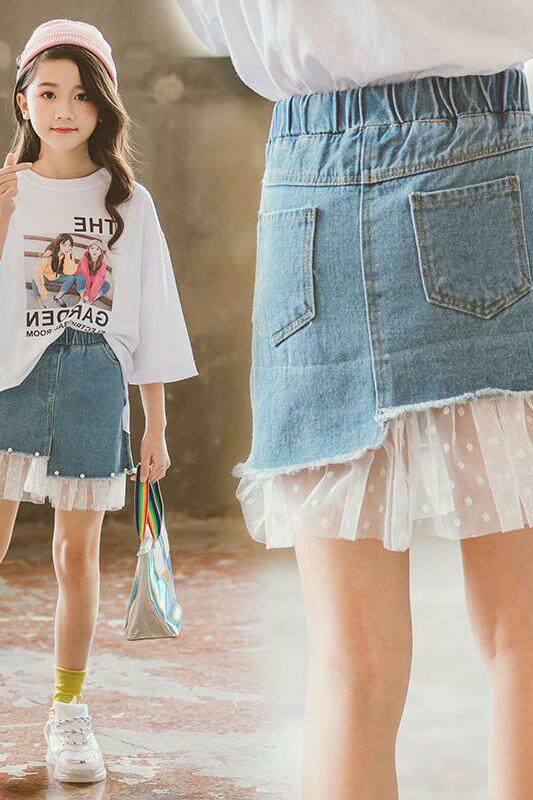 친자복 모녀복 아동스커트 슈퍼 스타일리시한 아동용 데님 스커트 여름용 짧은 스커트 패치워크 스커트