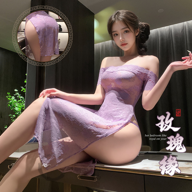 漫野玫瑰一字领透视旗袍悄趣内衣性感纯欲诱惑睡裙睡衣家居服