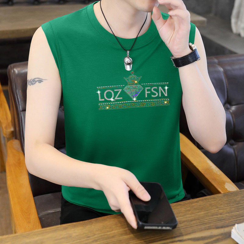 欧洲站烫钻丝光棉背心男打底衫宽松休闲透气坎肩无袖T恤高端上衣