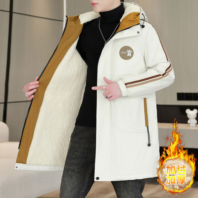 青少年中长款加绒外套男童秋冬季2025新款男孩加厚冬装高初中学生