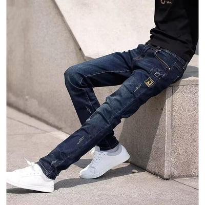 春秋季蓝色牛仔裤男款韩版修身弹力小脚裤男士潮流休闲小直筒长裤