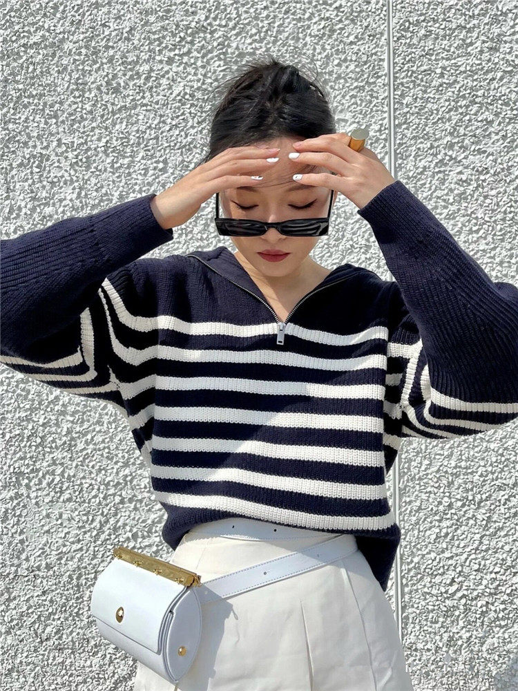 海军领简约宽松羊毛混纺