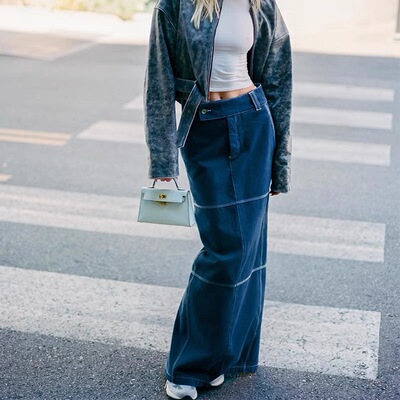 直筒明线后开叉半身裙长裙百搭