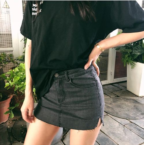 包邮欧美两侧开叉防走光牛仔短裙