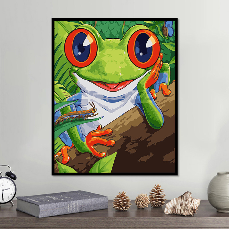 搞怪大眼青蛙动物时尚diy数字油画手工填色油彩画房间挂画装饰画