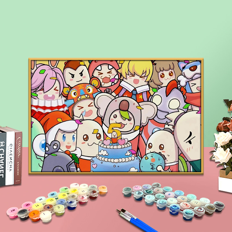 香肠派对游戏数字油画卡通diy手绘减压填充涂色油彩画客厅装饰画