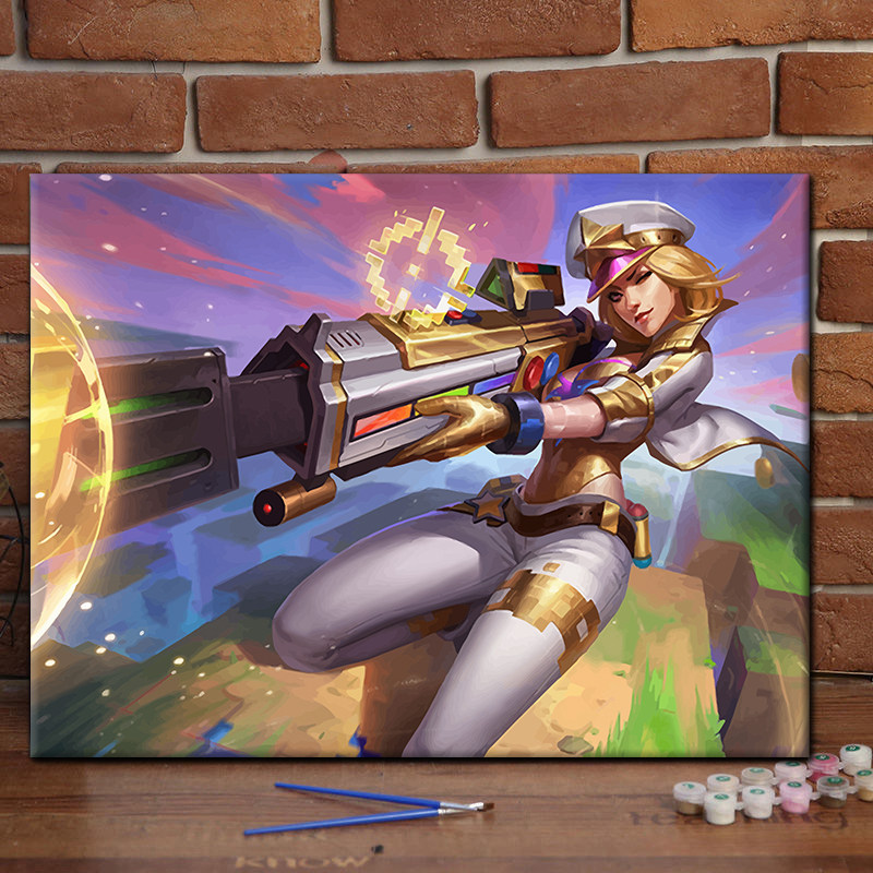 英雄联盟皮城女警diy数字油画动漫卡通手绘颜料填涂色丙烯装饰画