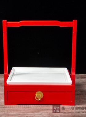 新中式明档展示餐具红色竹木提盒创意酒店意境菜特色抽屉点心盘子