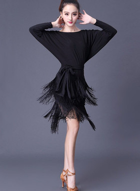 新款拉丁舞服装女成人连衣裙性感显身材蝙蝠多层流苏裙秋冬