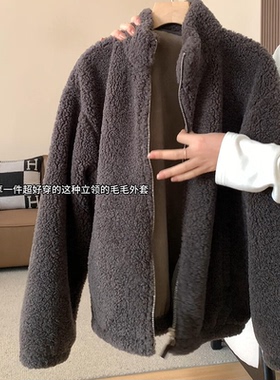 爆火款系列！深灰色立领毛毛拉链卫衣外套女冬季新款加厚保暖外搭