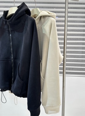 现货】本期心头爱！2026新款黑色摇粒绒立领连帽卫衣抽绳拉链外套