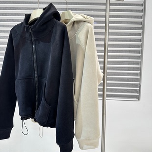 现货】本期心头爱！2026新款黑色摇粒绒立领连帽卫衣抽绳拉链外套