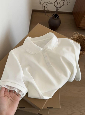 现货！白色翻领娃娃领花边拼接短袖2026年早春三粒扣设计日系上衣
