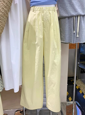 现货】多巴胺黄色松紧腰直筒休闲裤女夏季天丝凉感抗皱阔腿裤长裤