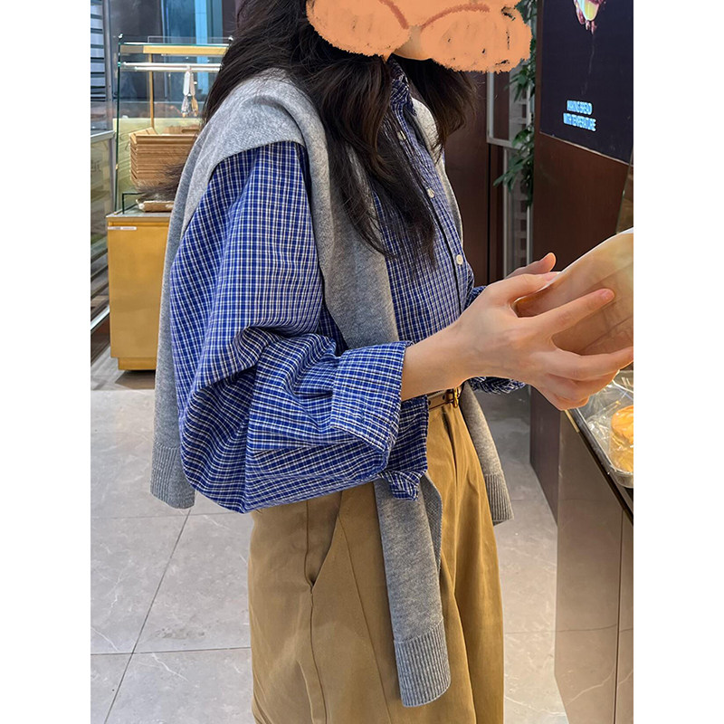 韩系蓝色细格子翻领单排扣衬衣春