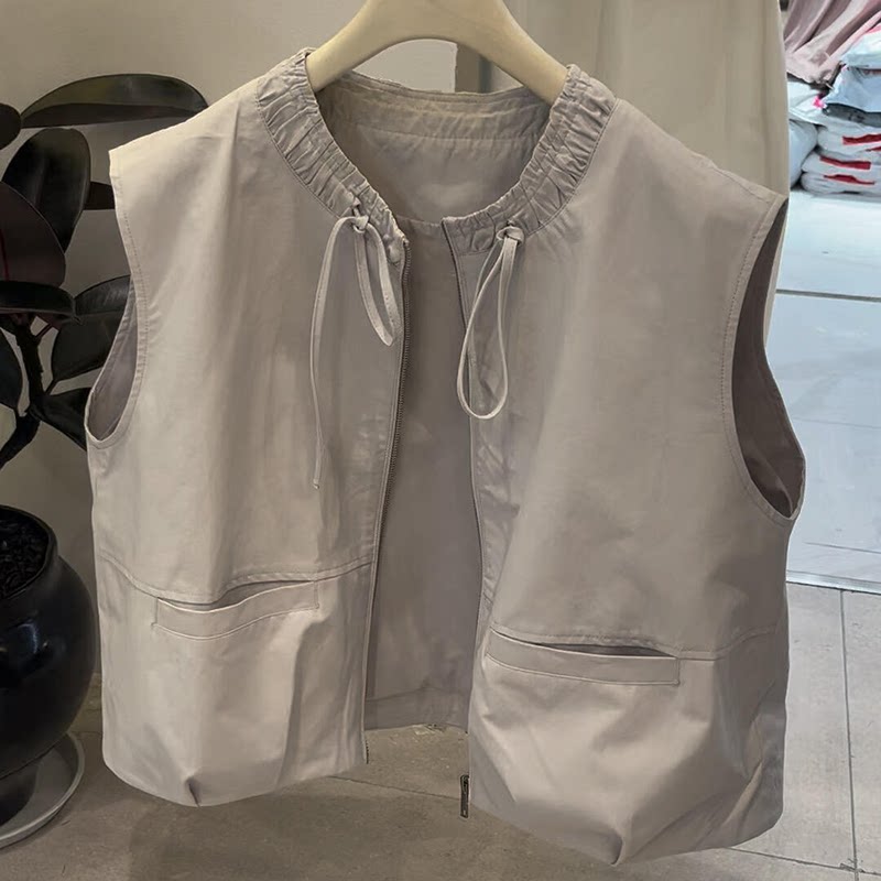 CHAO级穿搭!灰色抽绳领拉链背心外套女春季新款防水叠穿百搭马甲