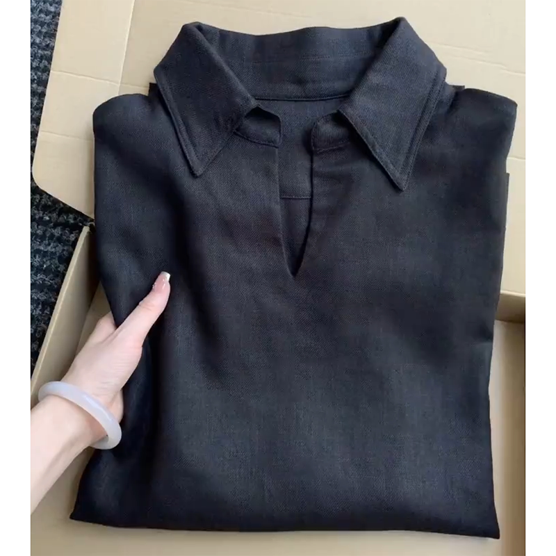 极简黑色小V翻领棉麻防晒衬衫女