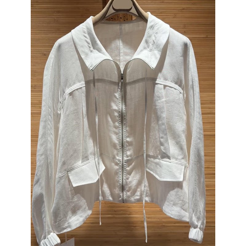 CHAO级穿搭!白色丝麻微透翻领拉链衬衫女春季新款防晒百搭小外套