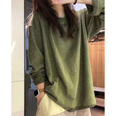 T恤女早春新款 超神级穿搭 松弛感绿色条纹圆领长袖 软糯宽松上衣