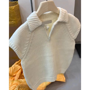 极简风米白色翻领短袖毛衣女冬季新款气质单穿粗线厚实百搭针织衫