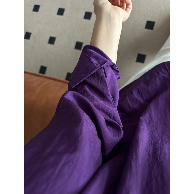 现货】纸片人！老钱风深紫色天丝肌理感单排扣亚麻衬衫女夏季衬衣