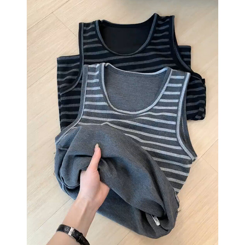灰色条纹圆领遮副乳吊带春季新款