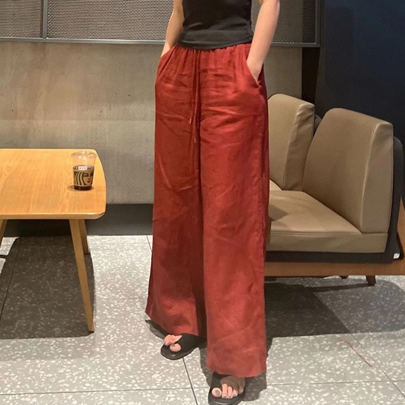 高端气质红色高腰亚麻阔腿裤女春