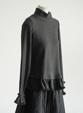 闭眼入系列！灰色德绒花边半高领长袖T恤早春新款叠穿软糯打底衫