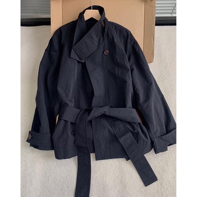 黑色立领外套绑带防风工装风夹克