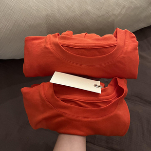 纸片人穿搭~橘红色天丝圆领长袖T恤女早春新款叠穿软糯百搭打底衫