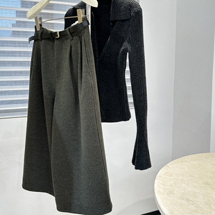韩系宽松垂感休闲裤 新款 子 女冬季 高级感墨绿色高腰仿羊毛呢七分裤