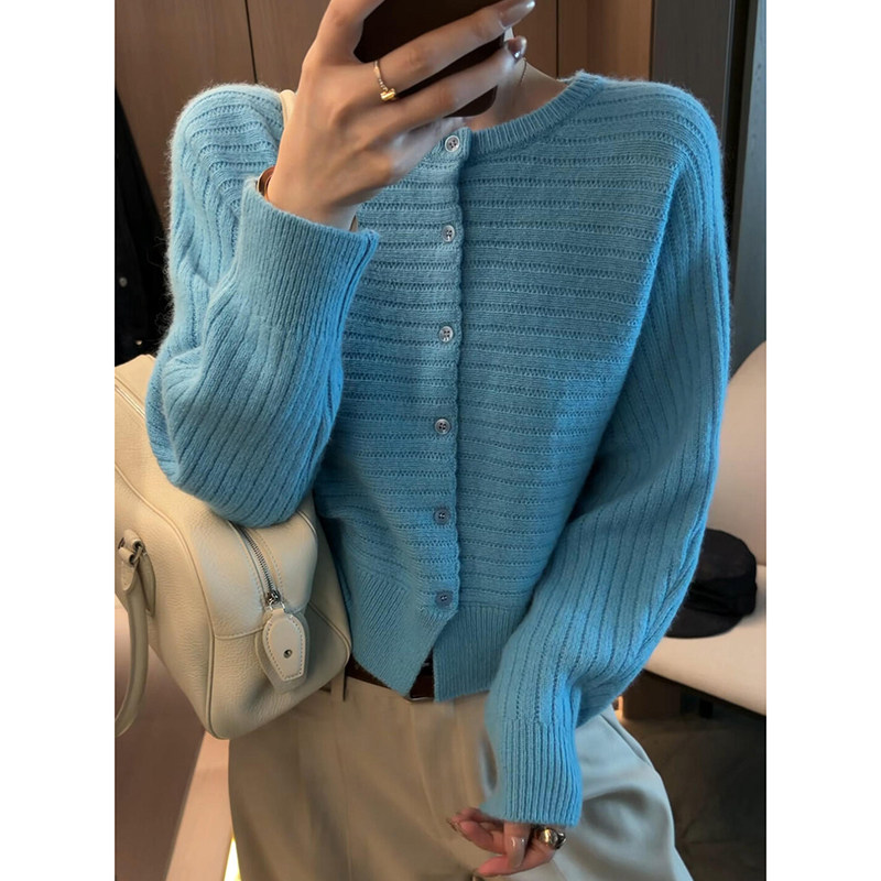 蓝色圆领坑条排扣毛衣女秋季软糯