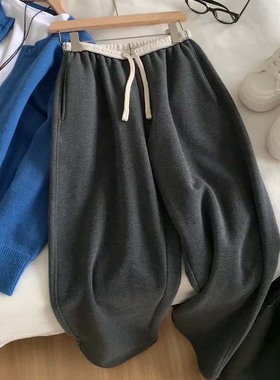 【现货封神穿搭】撞色阔腿裤女2026春秋小众设计松紧腰灰色百搭裤